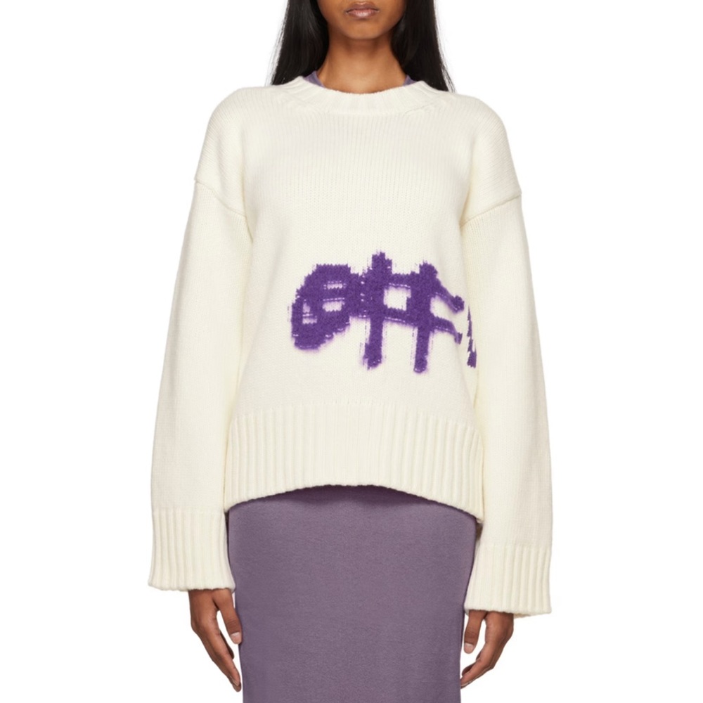 Off-White Intarsia Spray Paint Logo Wool Sweater Ivory Purple Size 48 XL US 12